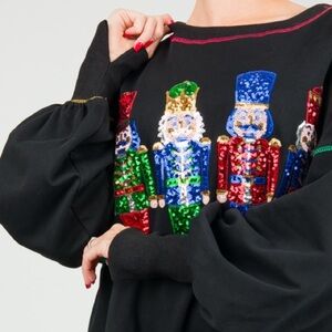 Sequined Nutcrackers Christmas Long Sleeve Oversized Black Tunic Size Medium
